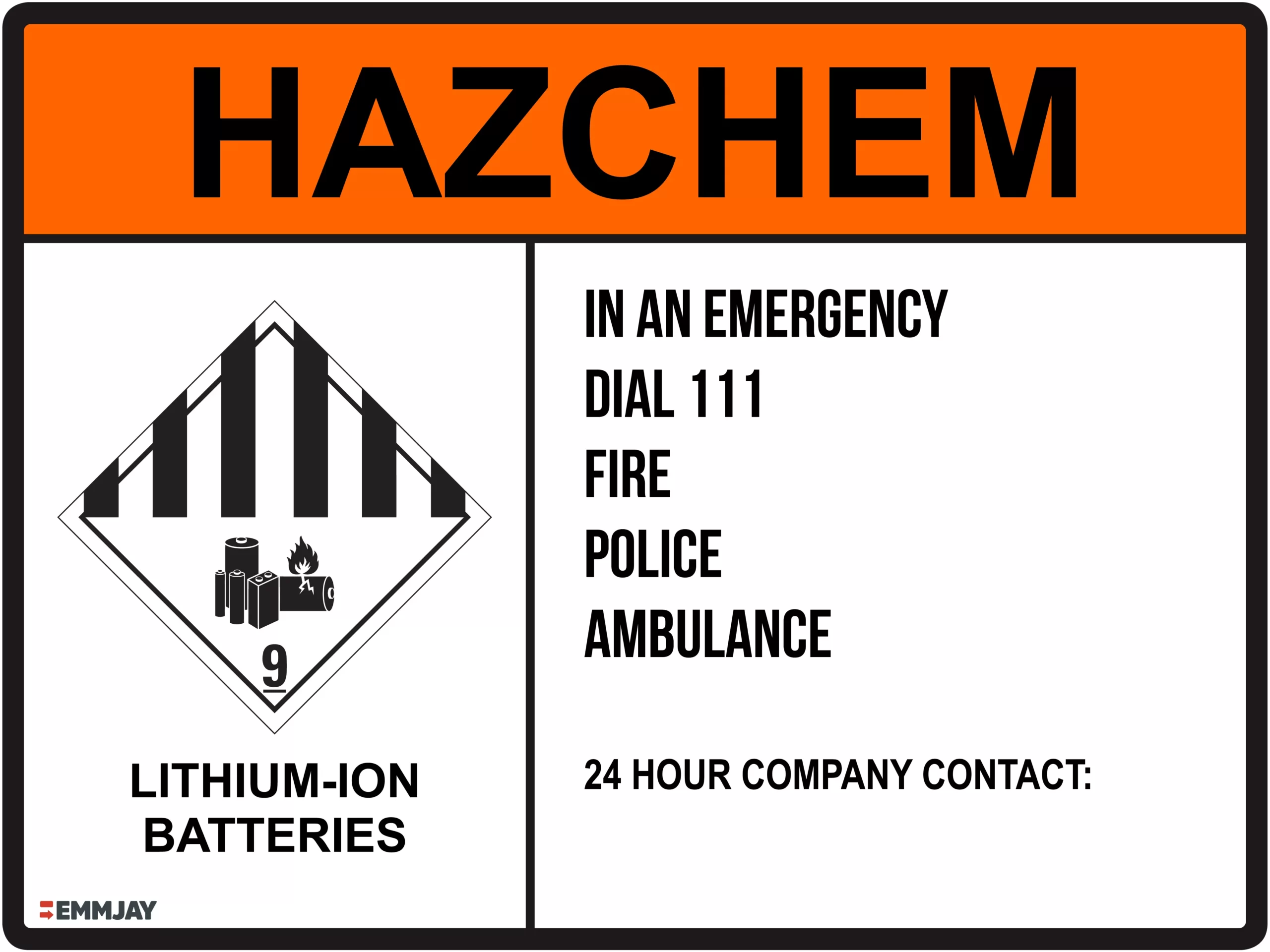Workplace Safety Signs - Emmjay - HAZCHEM - Lithium-Ion Batteries Sign