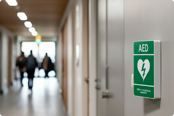 Sign in a hallway indicating the location of an Automated External Defibrillator (AED).