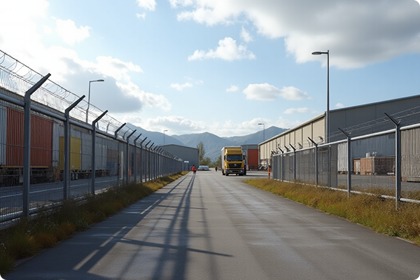 Metal boundary fence marking the perimeter of a property.