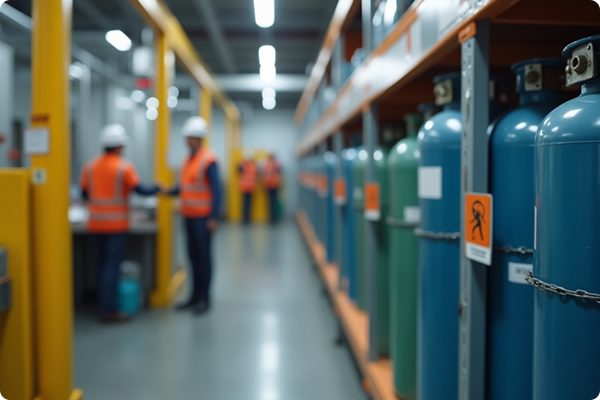 Cylinder storage area inside a facility, organized for safety and accessibility.