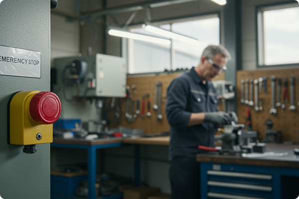 Emergency stop push button installed in a workshop for machinery control.