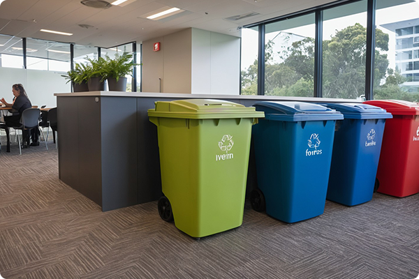 "A room with multiple trash bins designated for different types of waste, such as food waste, recyclables, and general rubbish.