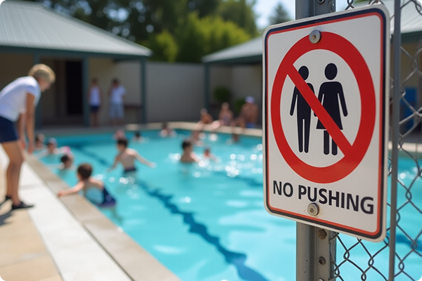 Lifeguard monitoring a swimming pool where people are swimming, with rules against pushing enforced.