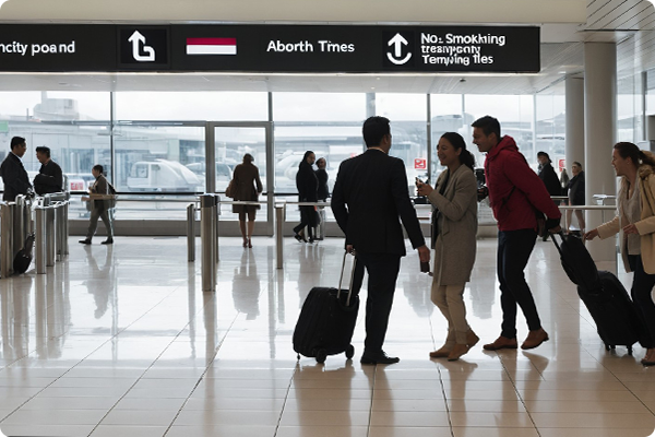People inside an airport with a 'No Smoking' sign clearly displayed.