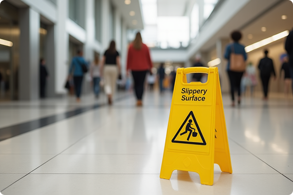 Slippery surface caution sign placed in a hallway.