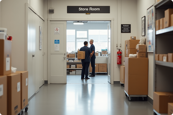Store room inside a facility used for equipment or supply storage.