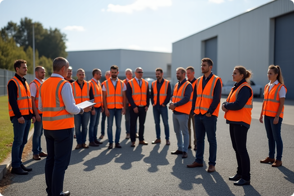 Workers gathered at an assembly point for a safety meeting before starting work.