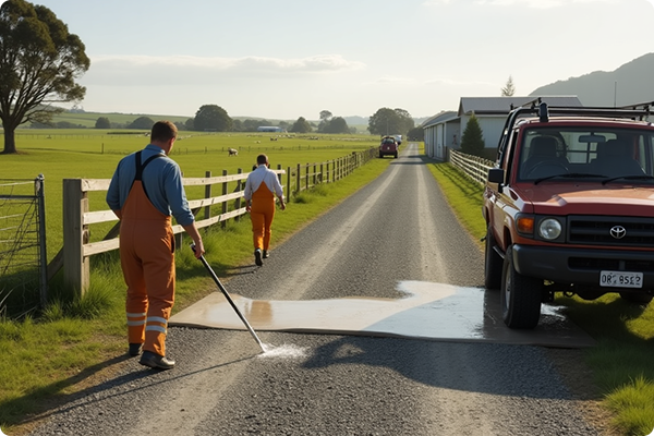 Designated biosecurity area entrance marked with signs to control contamination and access.