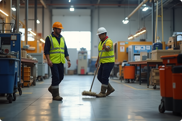 Worker mopping the floor at a worksite with a slippery surface, exercising caution.
