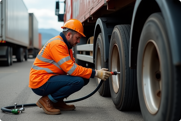 Worker using a compressed gas hose to fill a tire at a worksite.
