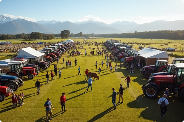 Community field day in New Zealand featuring outdoor exhibits and agricultural displays.