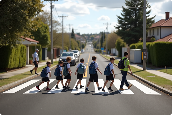 Group of children walking across a pedestrian crosswalk, guided for safety.