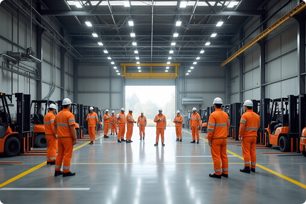 Workshop employees working within a clearly marked safety zone.